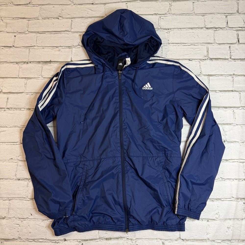Adidas Jacket Men's Large Blue Hooded Full Zip Windbreaker 3 Stripes CD9151